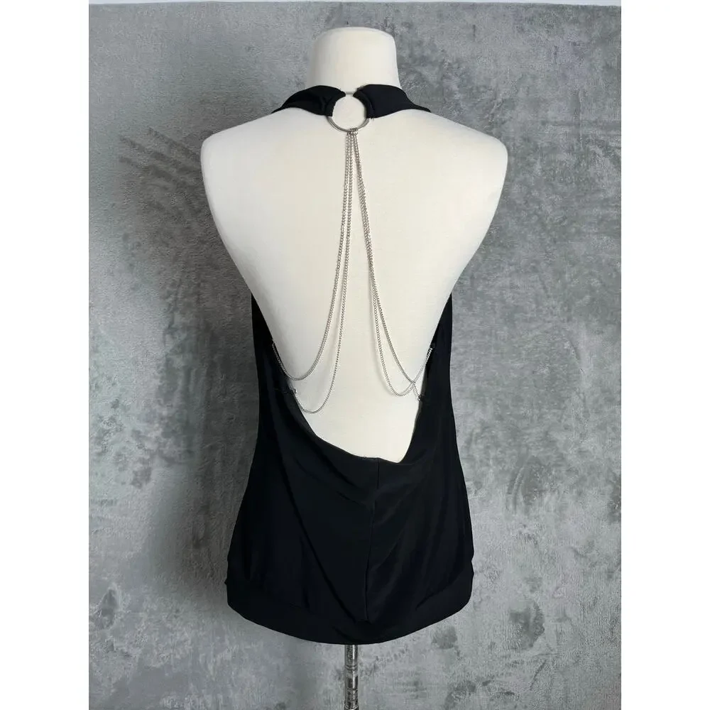 Vintage Y2k Black Cowl Neck Halter Top Backless Chain Detail Dark Femme Edgy MD
